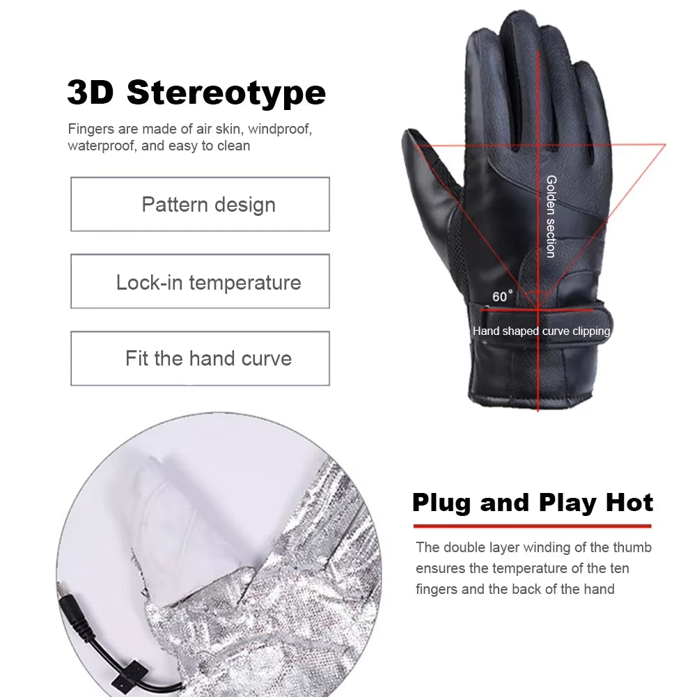 Thermal Windproof Bike Gloves 12V Thickened Warm Muffs Waterproof Outdoor Keep Warm Guantes PU Leather for Snowmobile Motorcycle