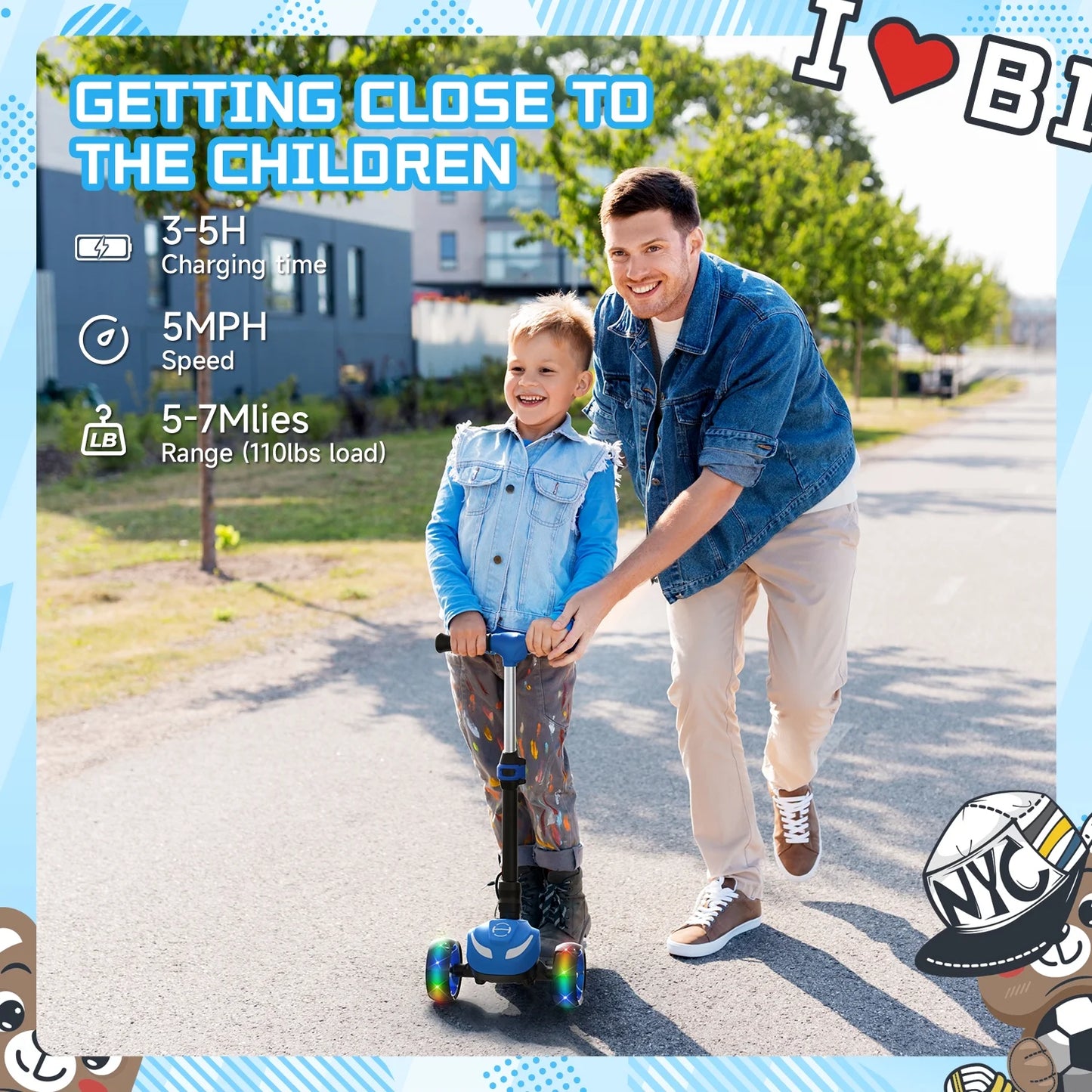 Electric Scooter for Kids 3+, 3-Wheels 70W Motor Escooter & Light-Up Wheels and Pedal, Foldable & Height Adjustable Toddler Motorized Scooters, E-Scooter for Girls Boys(Blue)
