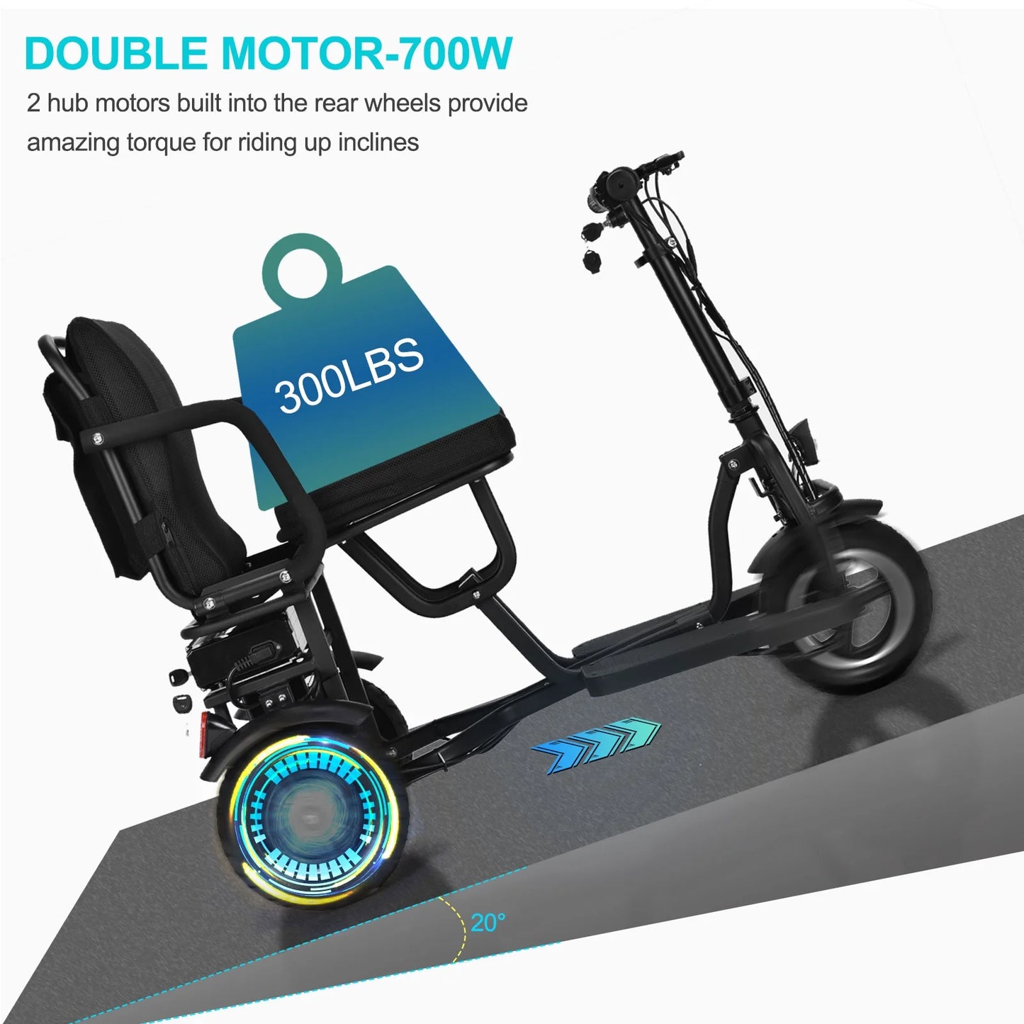 Folding Mobility Electric Trike 48V 700W Dual Motor Lithium Black