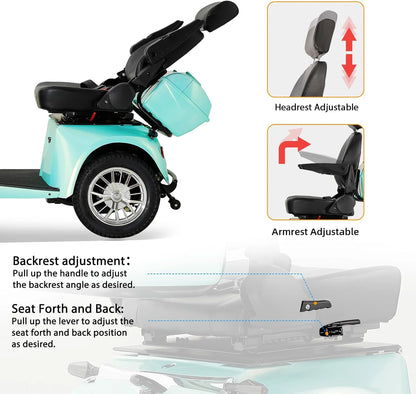 Mobility Scooter with Adjustable Seat & Storage Box, 4-Wheel, 800W Green