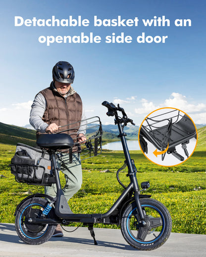 650W Electric Scooter with Seat for Heavy Adults up to 300LB - 14" Wheels with Basket & Dual Shock Absorbers & Free Dog Mat, 48V/13.5Ah,30 Miles Range, 18.6MPH