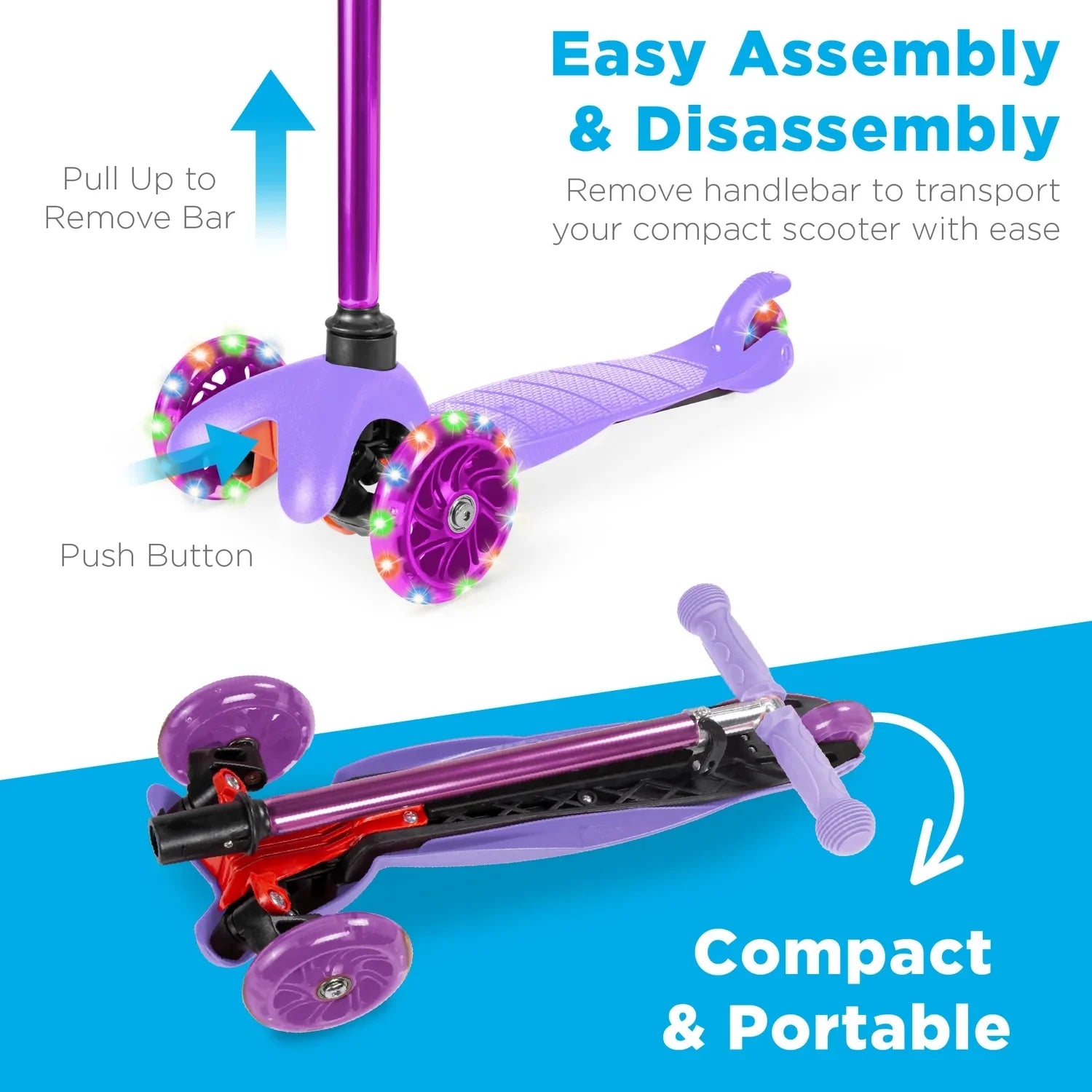 Kids Mini Kick Scooter Toy W/ Light-Up Wheels and Height Adjustable T-Bar - Purple