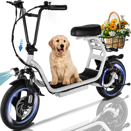 Electric Scooter with Seat, 500W 500Wh Battery 25 Miles Range 20Mph Top Speed, Foldable Electric Scooter for Adults with Basket, White
