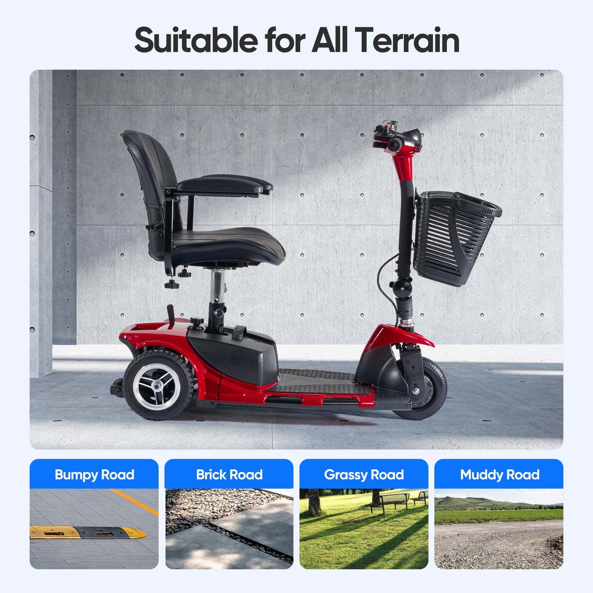 3 Wheel Electric Powered Mobility Scooter, with Lighting Folding Travel Mobile Wheelchair for Seniors, Gift for Elderly, Red