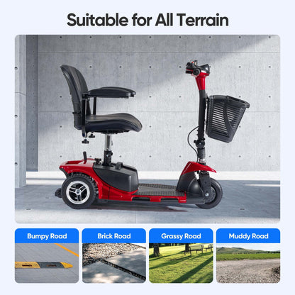 3 Wheel Electric Powered Mobility Scooter, with Lighting Folding Travel Mobile Wheelchair for Seniors, Gift for Elderly, Red