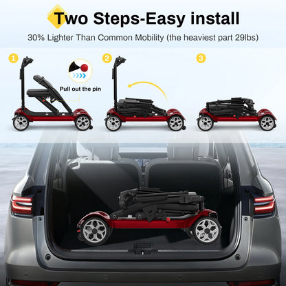Ultra Lightweight 4 Wheel Mobility Scooter for Seniors (Only 50Lbs), 25+ Miles Travel Dual Battery Mobility Scooters, Aluminum Electric Folding Wheelchair Device, Red