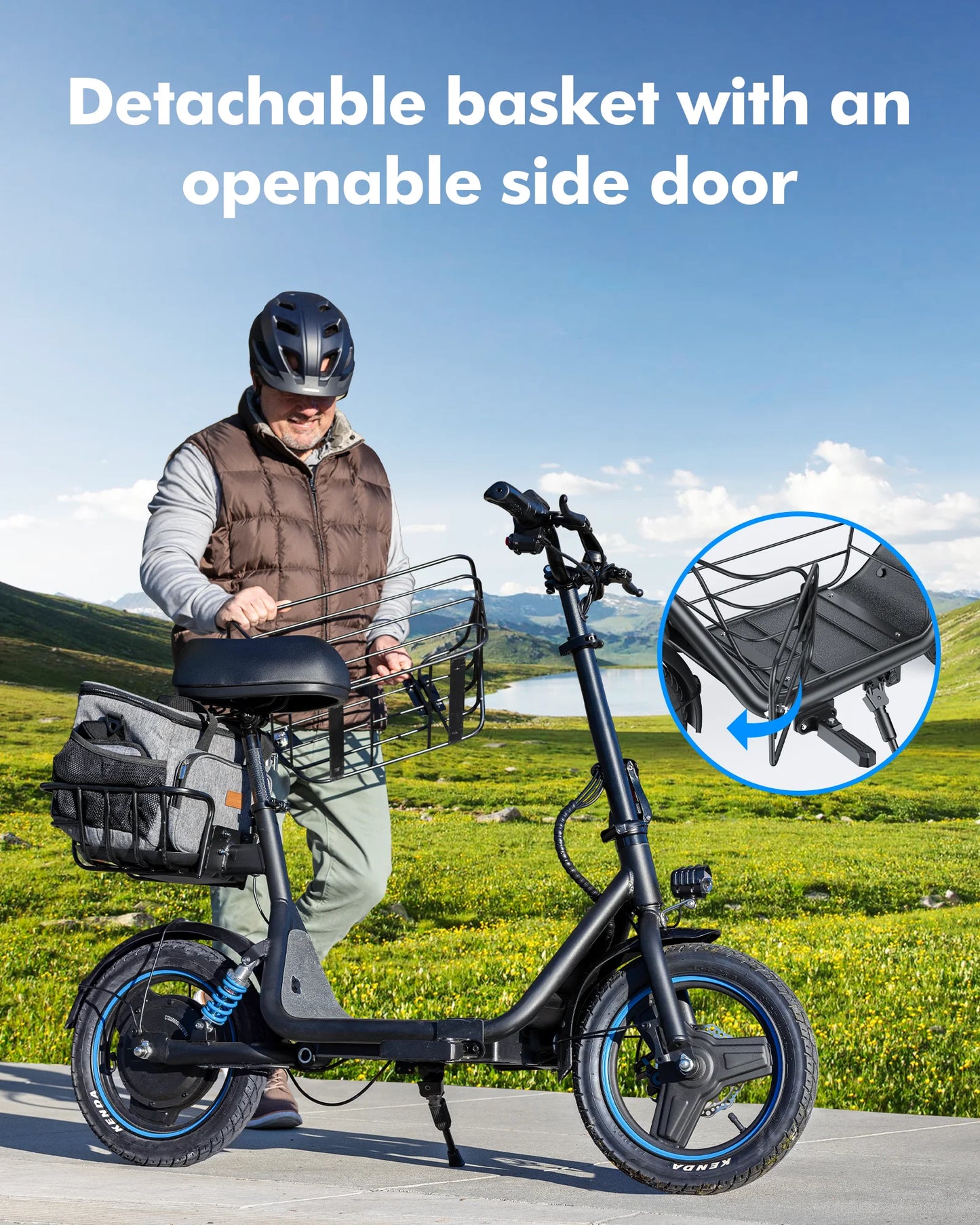 650W 48V/13.5AH 30 Miles Max Distance ,Bigger Seat Cushion and Pedal, with Detachable Basket for Pets，Max Load 300LBS Dual Shock Absorbers Electric Scooter for Adults
