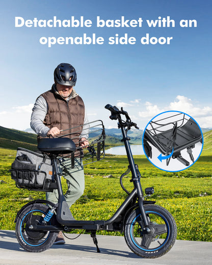 650W 48V/13.5AH 30 Miles Max Distance ,Bigger Seat Cushion and Pedal, with Detachable Basket for Pets，Max Load 300LBS Dual Shock Absorbers Electric Scooter for Adults