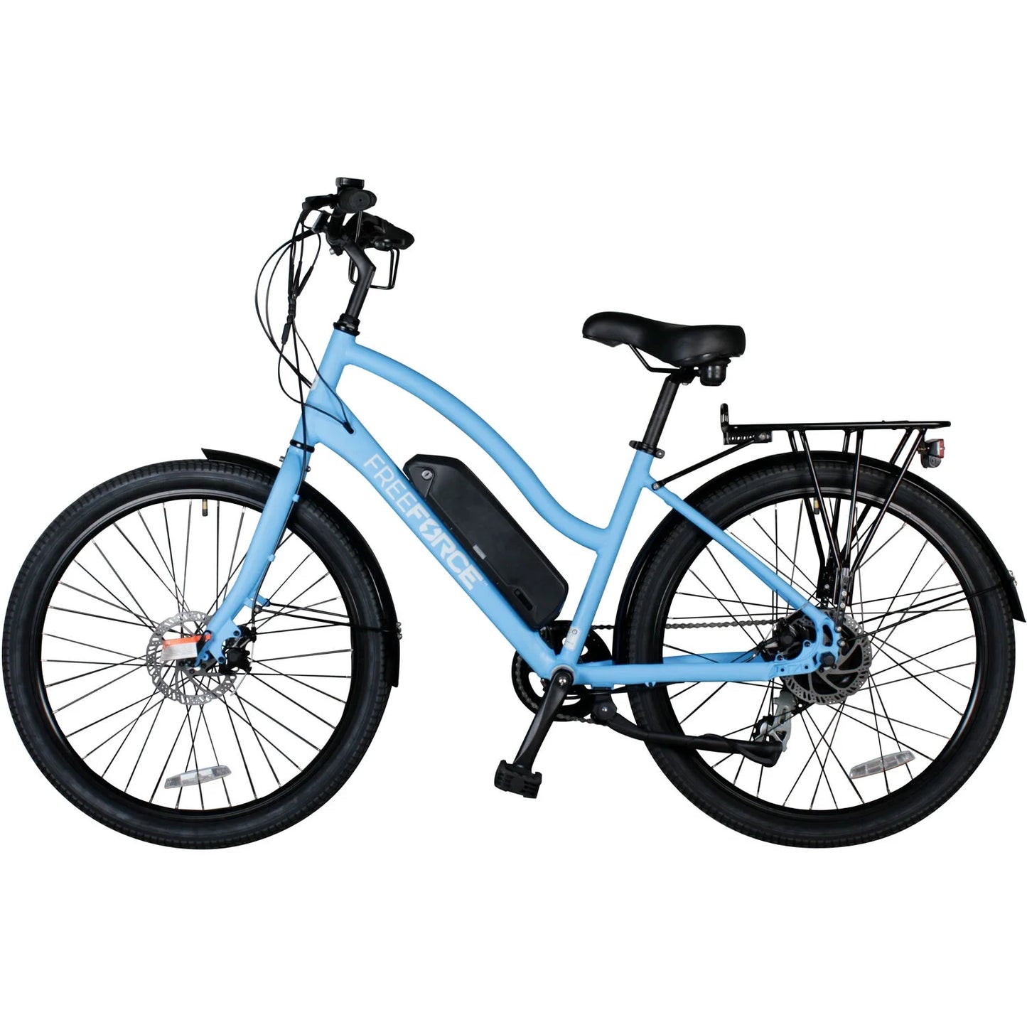 Avalon 16-In Electric Beach Cruiser Bike | Hybrid E-Bike for Adults, Thumb Throttle and Pedal Assist | with Speed Sensor, Storage Rack, Bell, Water Bottle Bracket | Light Blue