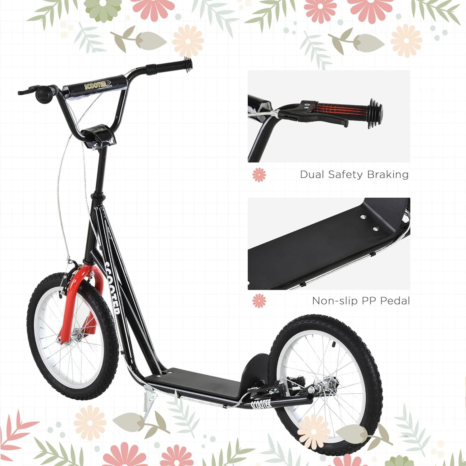 Aosom Youth Scooter Kick Scooter for Kids 5+, Max Load 220 LBS., with Adjustable Handlebar, 16" Inflatable Wheels, Dual Brakes