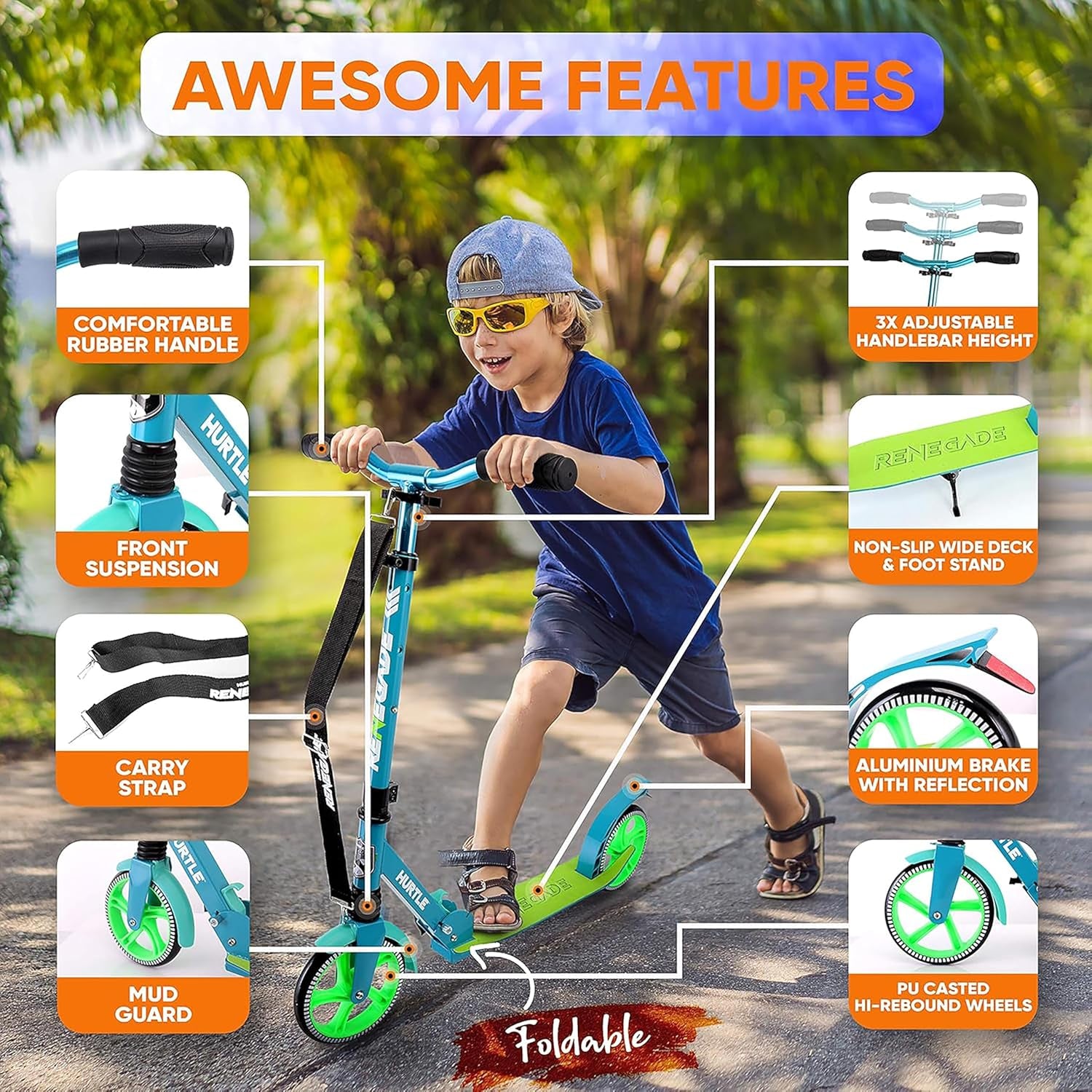 Hurtle Renegade Kick Scooter for Kids, Teenagers & Adults - 2-Wheel Folding Scooter with Adjustable T-Bar Handlebar - Alloy Anti-Slip Deck