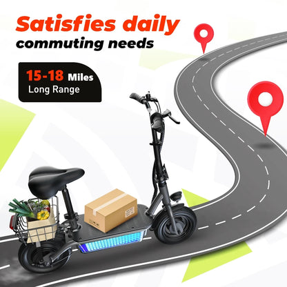 10" Tires Electric Scooter,500W Foldable Electric Scooter for Adult with Seat and Basket, up To18 Miles Range, Top Speed 19 MPH