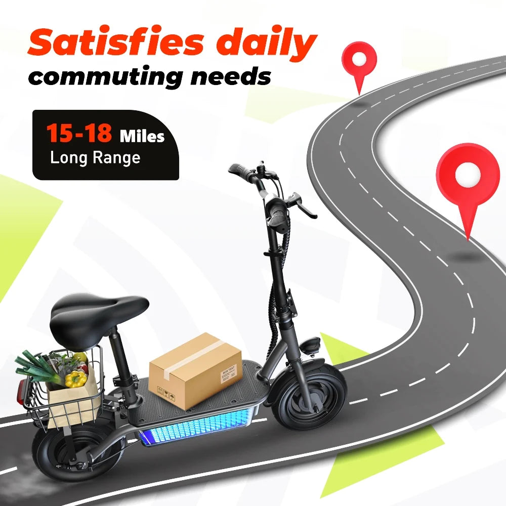 F2 500W Foldable Electric Scooter with Seat for Teen Adults,10 Inch Commuter Escooter with Basket & Wide Pedals - up to 18 Miles 19 Mph