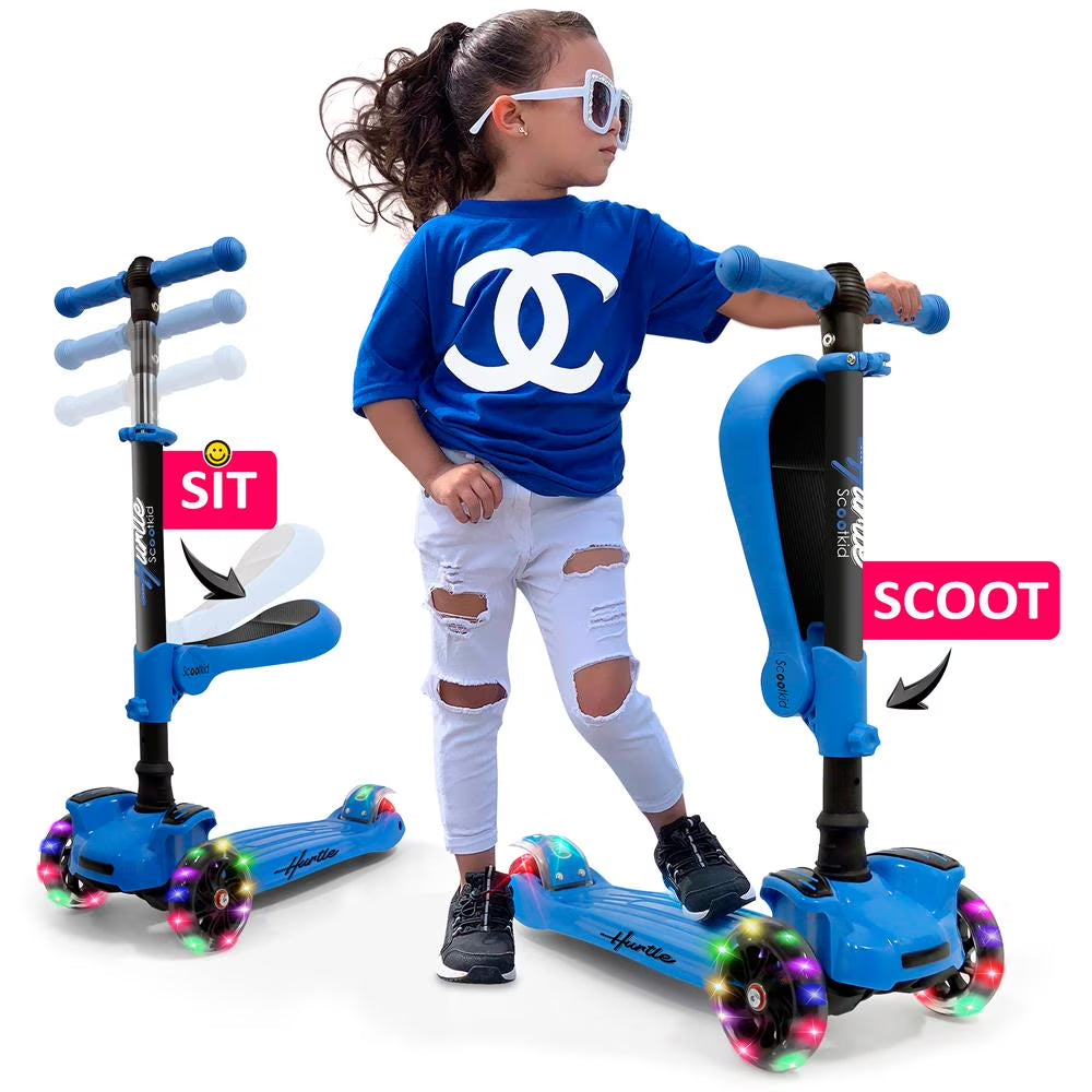 Fitness HURFS56.5 - Scoot Kid 3-Wheel Kids Scooter - Child & Toddler Toy Scooter with Built-In LED Wheel Lights, Fold-Out Comfort Seat (Ages 1+)