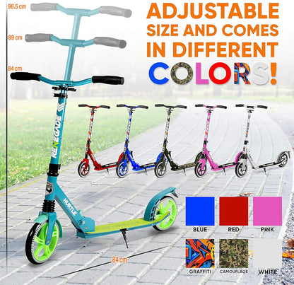 Hurtle Renegade Kick Scooter for Kids, Teenagers & Adults - 2-Wheel Folding Scooter with Adjustable T-Bar Handlebar - Alloy Anti-Slip Deck