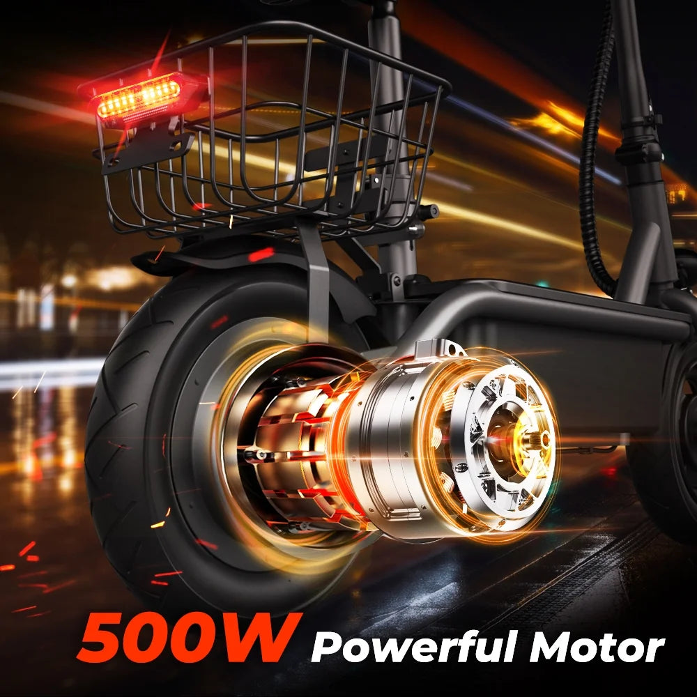 F2 500W Foldable Electric Scooter with Seat for Teen Adults,10 Inch Commuter Escooter with Basket & Wide Pedals - up to 18 Miles 19 Mph