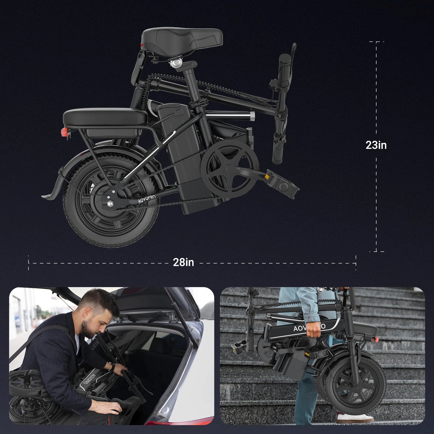 EB60 Black Electric Bike 500W 48V, 14' Mini Ebike for City Commuter, Folding Electric Bicycle for Adult with Two Seats UL2849