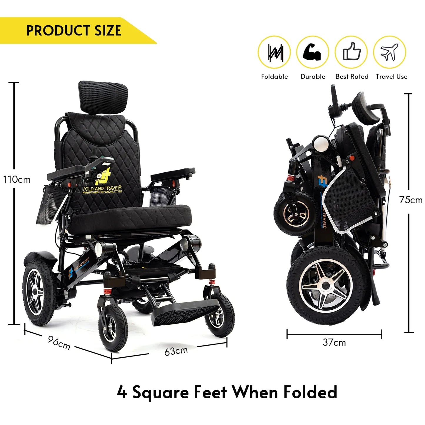 Manual Reclining Electric Wheelchair Lightweight Power Wheel Chair BLACK