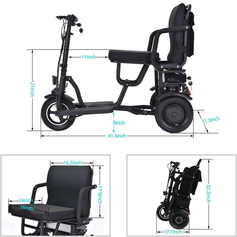 Folding Mobility Electric Trike 48V 700W Dual Motor Lithium Black