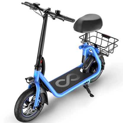 450W Electric Scooter with Seat, Commuter Electric Scooter for Adult with Basket & Free Phone Holder & Steel Cable Lock & Inner Tube- up to 21 Miles 15.5Mph-Blue