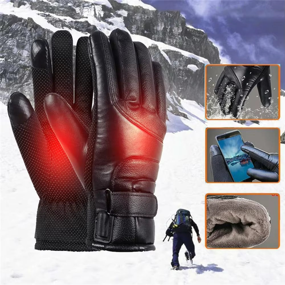 Thermal Windproof Bike Gloves 12V Thickened Warm Muffs Waterproof Outdoor Keep Warm Guantes PU Leather for Snowmobile Motorcycle