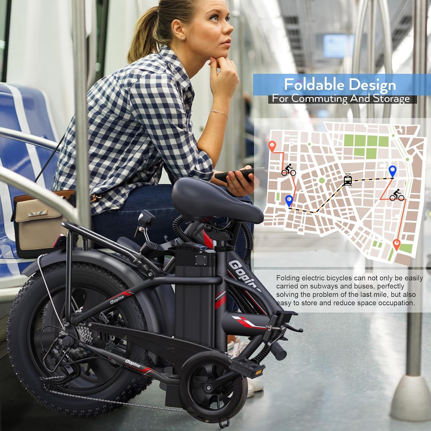 Electric Bike 16" X 3.0 Fat Tire Electric Bike 48V 350W Adult Folding Electric Bike 19.8MPH Urban Commuter Electric Bike with Smart LCD Display