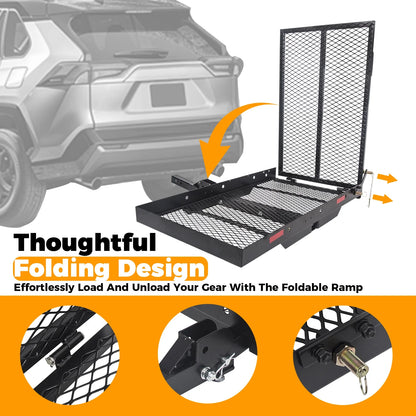 Hitch Mounted Cargo Carrier Mobility Scooter and Wheelchair Carrier Rack with Loading Ramp Luggage Basket Disability Medical Lift Rack