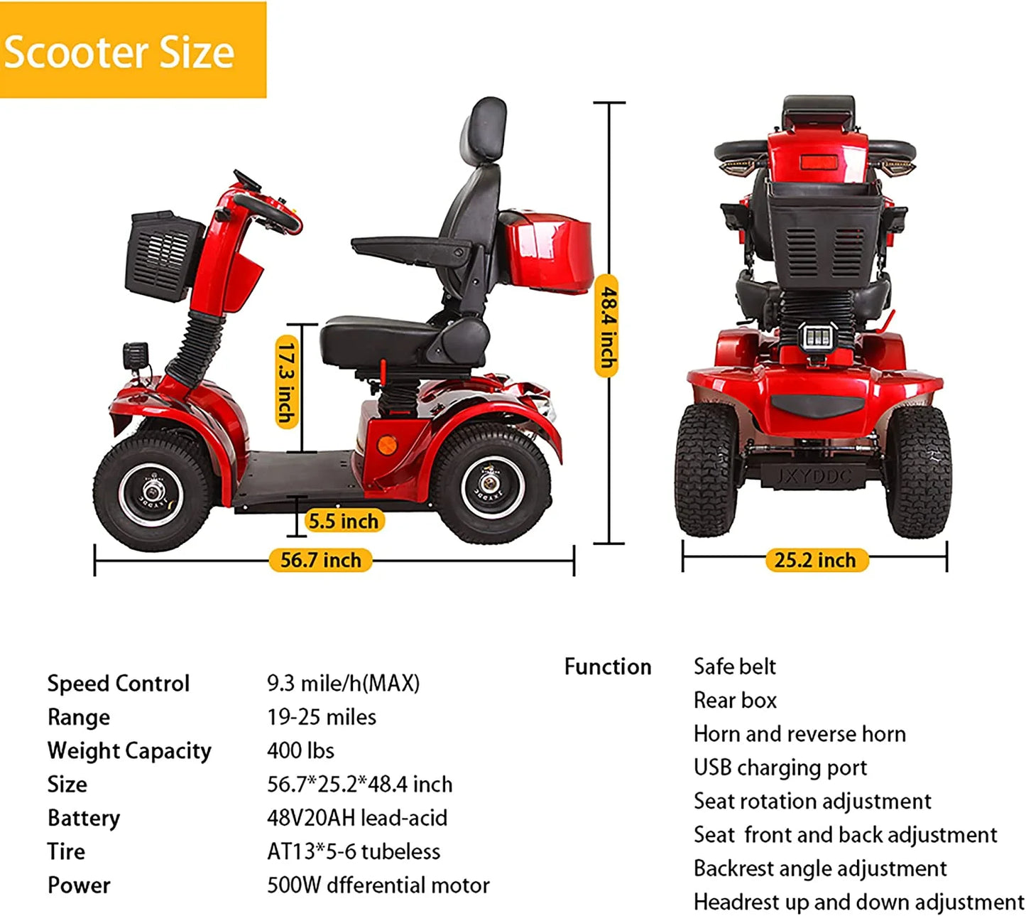 Secure 4-Wheel Adjustable Mobility Scooter with Charger, Red, 350 Lb Limit