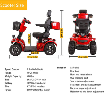 Secure 4-Wheel Adjustable Mobility Scooter with Charger, Red, 350 Lb Limit