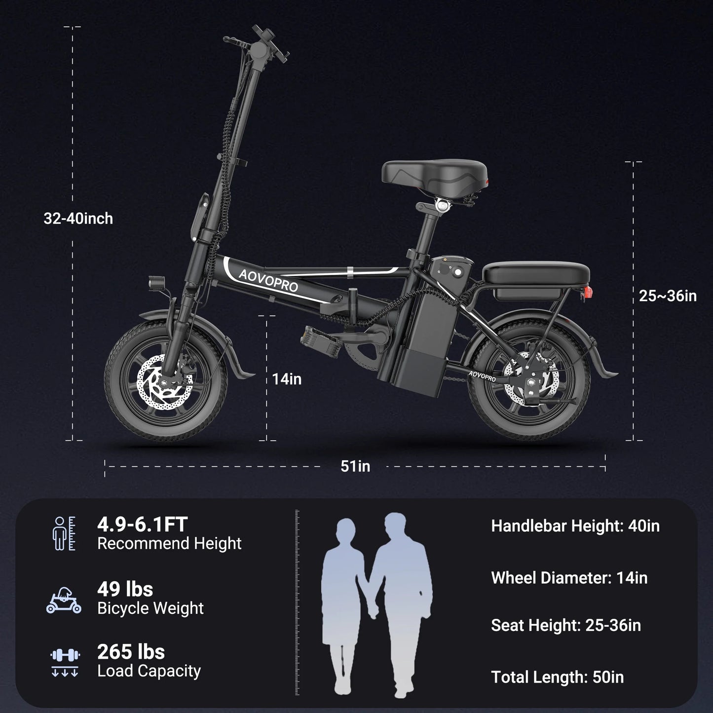 EB60 Black Electric Bike 500W 48V, 14' Mini Ebike for City Commuter, Folding Electric Bicycle for Adult with Two Seats UL2849