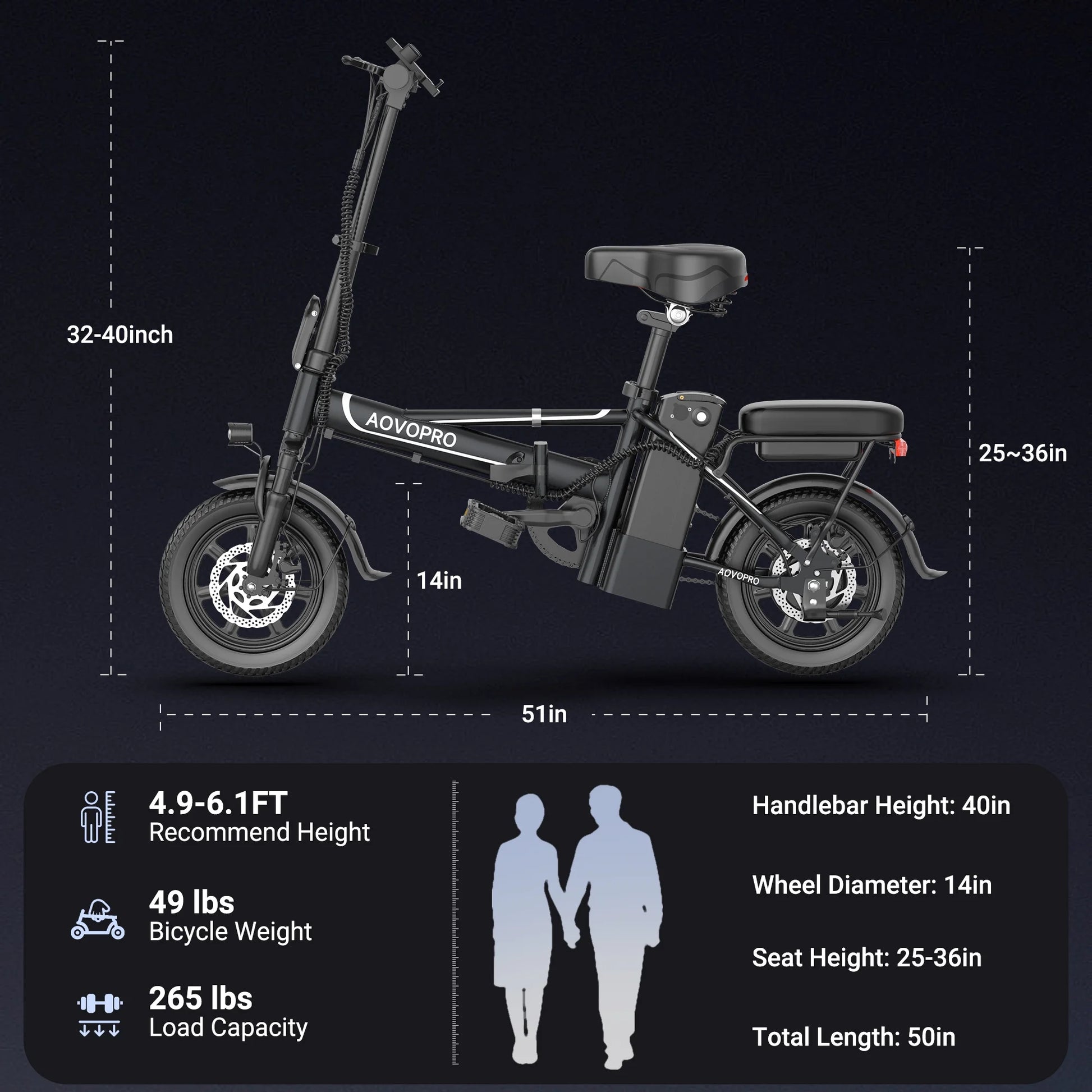 EB60 Black Electric Bike 500W 48V, 14' Mini Ebike for City Commuter, Folding Electric Bicycle for Adult with Two Seats UL2849