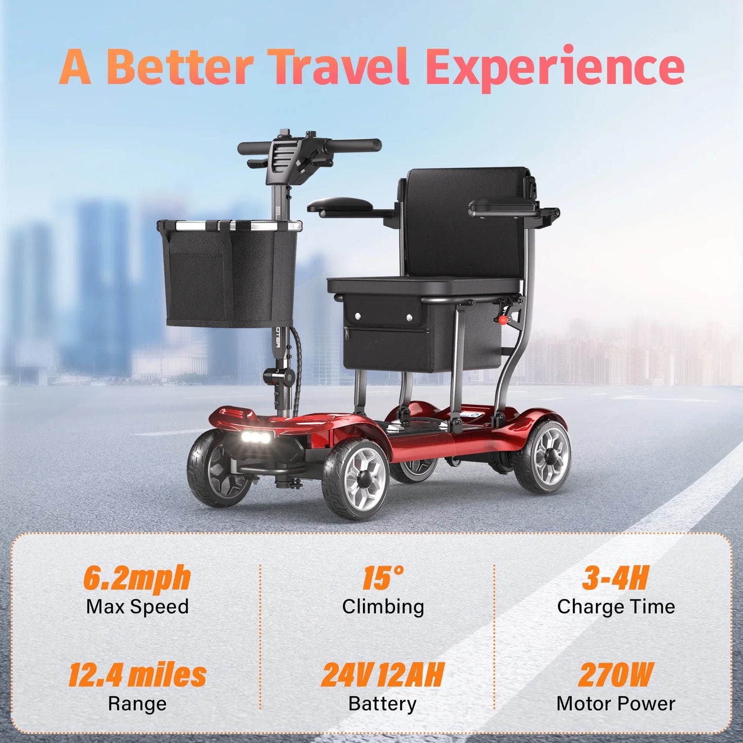 Light Weight 4 Wheels Mobility Scooter for Seniors, Electric Folding Wheelchair Device for Travel, Red