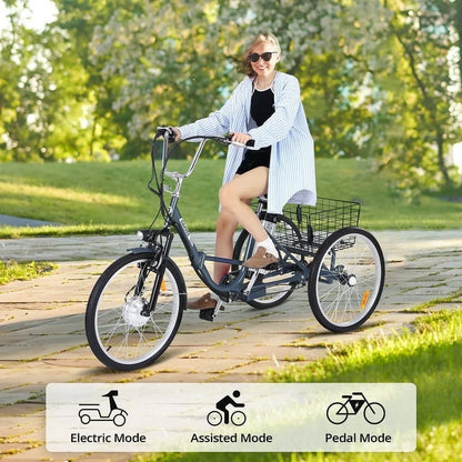 Folding Electric Trike for Adults - Powerful 250W Motor, 7 Speeds, 24/26 Inch 3 Wheel Motorized Bicycle, Removable 36V 10Ah Battery, Large Basket, 330 Lb Loading Capacity