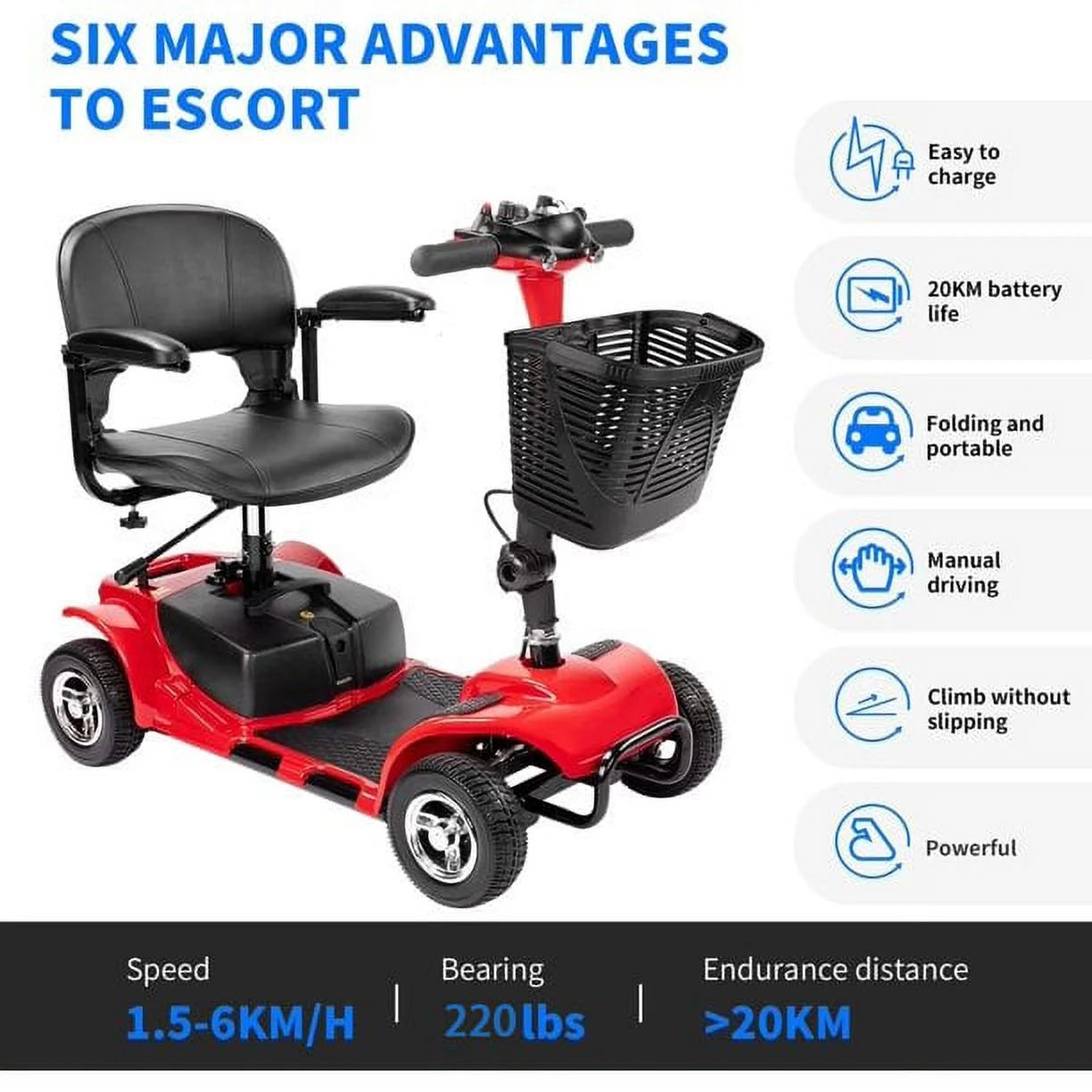 Upgrade 4 Wheels Mobility Scooter for Seniors, Foldable Electric Powered Mobility Wheelchair for Adult, 350Lbs, Red
