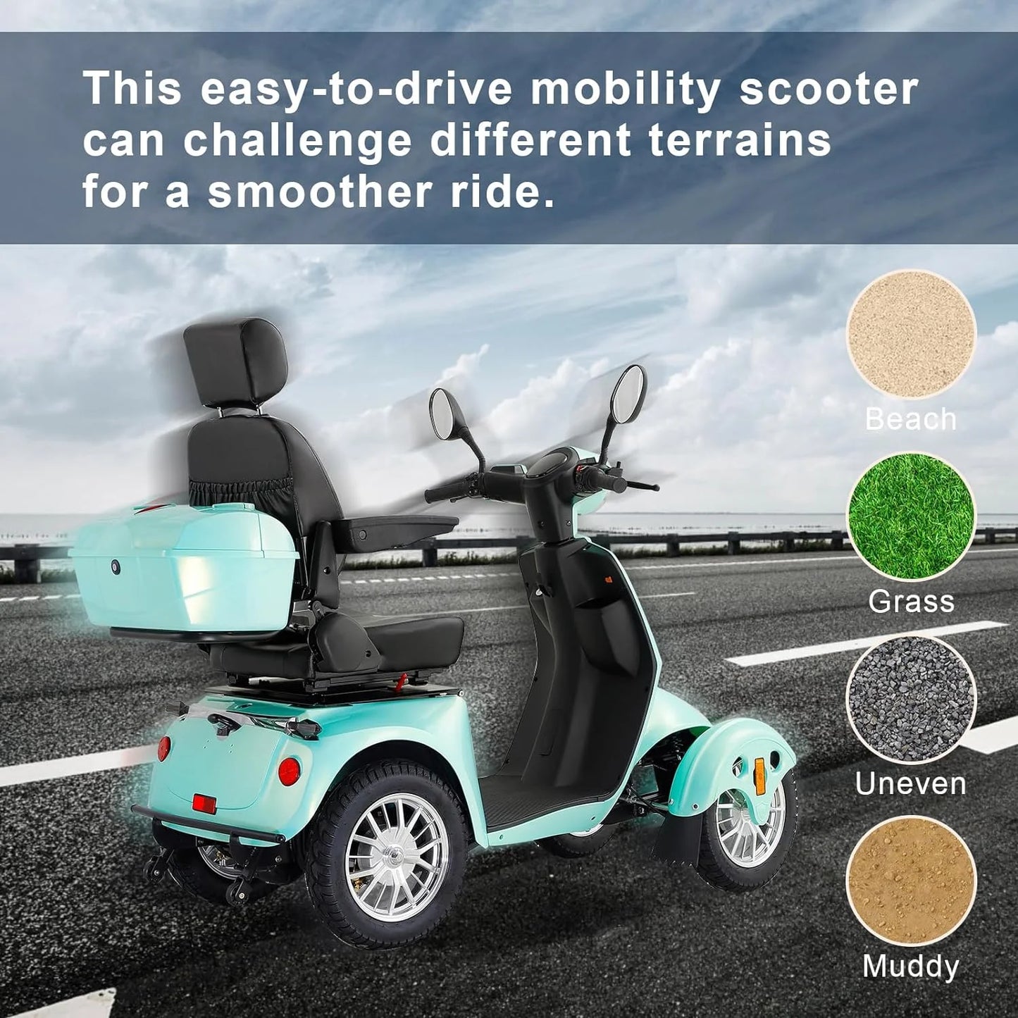 Mobility Scooter with Adjustable Seat & Storage Box, 4-Wheel, 800W Green