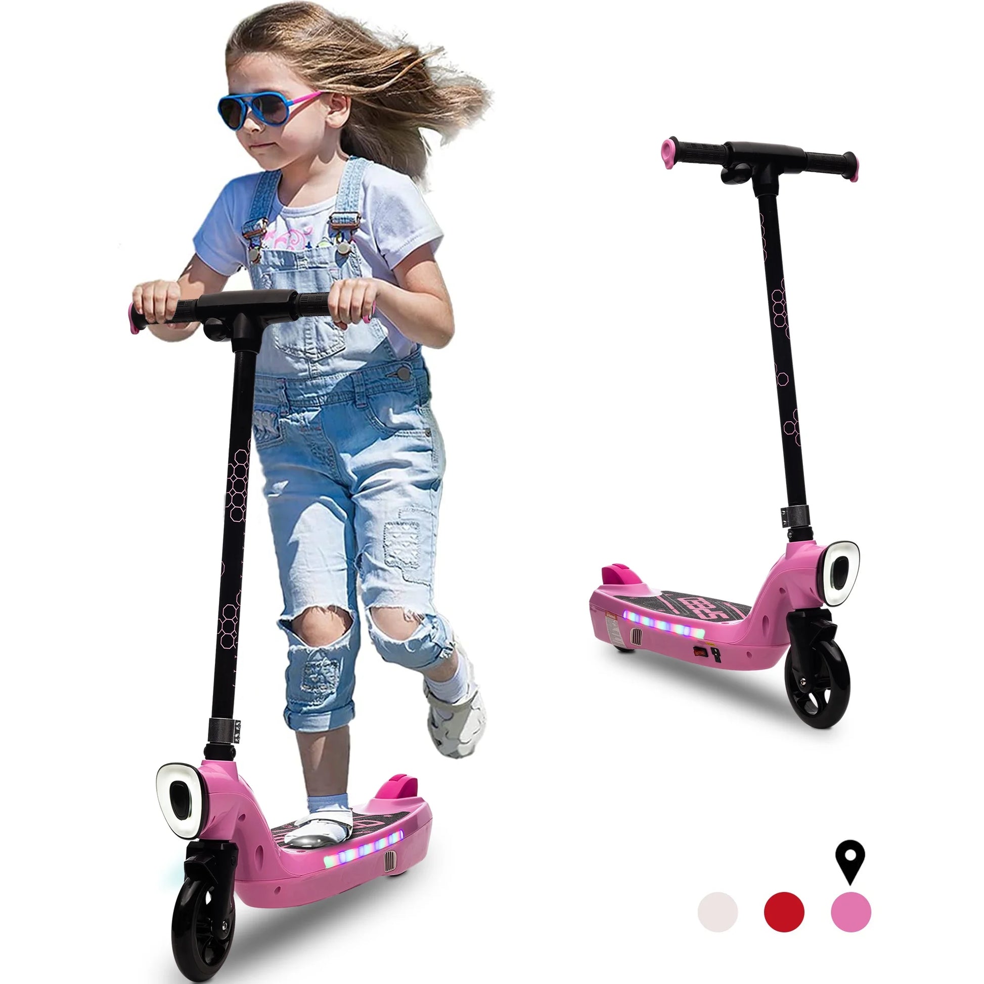 Kids Electric Scooter for 6-14 Year Old, Portable Kids Scooter for Boys Girls, 12V 45W Kids Electric Scooter with Front Big Light, Rear Brake, Colorful Deck Light, Pink