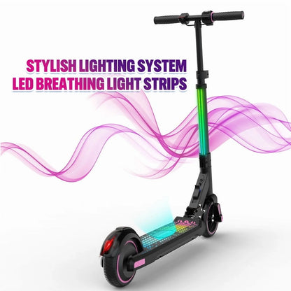 Kids Electric Scooter, 150W Motor, Max Speed 9.3 MPH, 5 Miles Range, Colorful LED Lights, Foldable, Pink