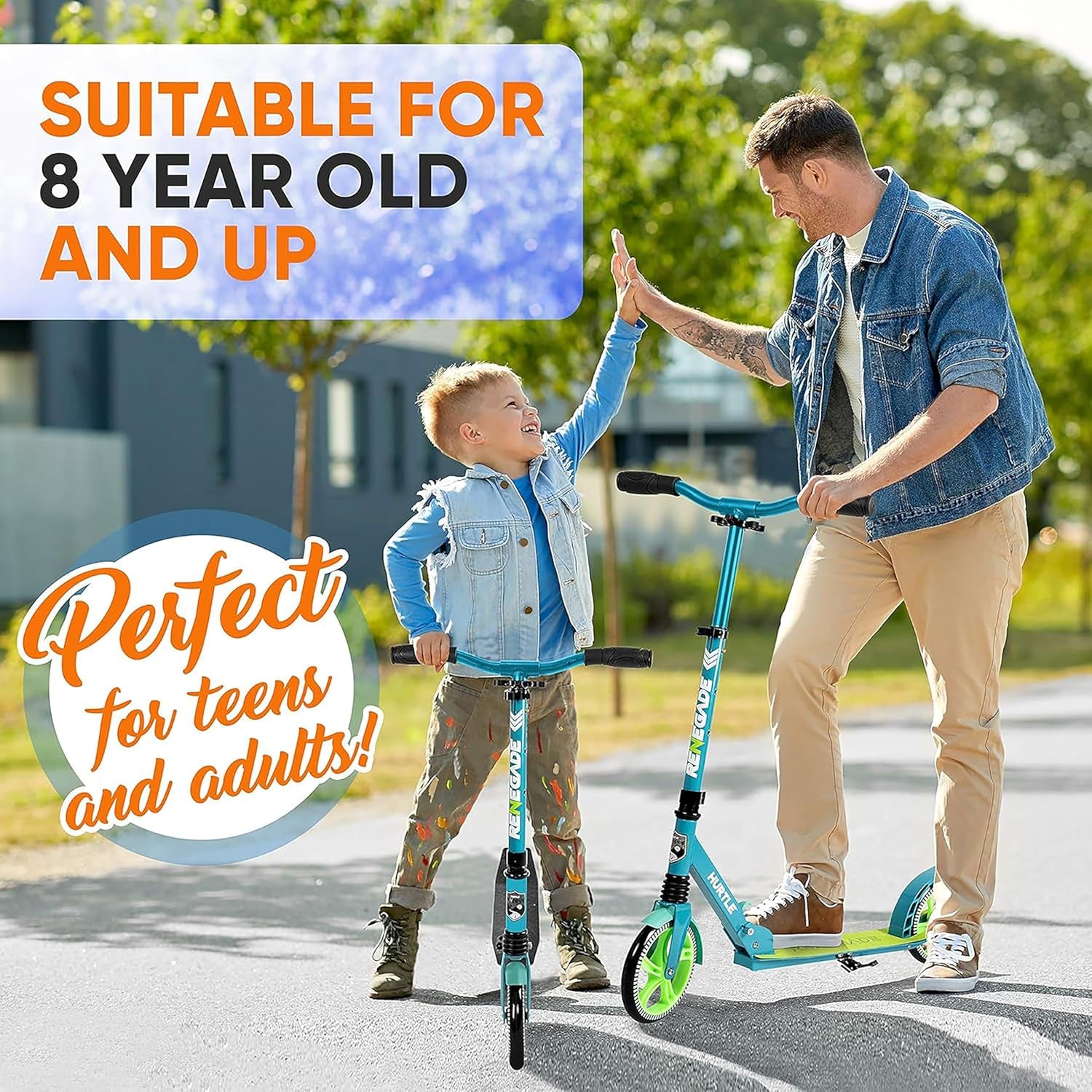 Hurtle Renegade Kick Scooter for Kids, Teenagers & Adults - 2-Wheel Folding Scooter with Adjustable T-Bar Handlebar - Alloy Anti-Slip Deck