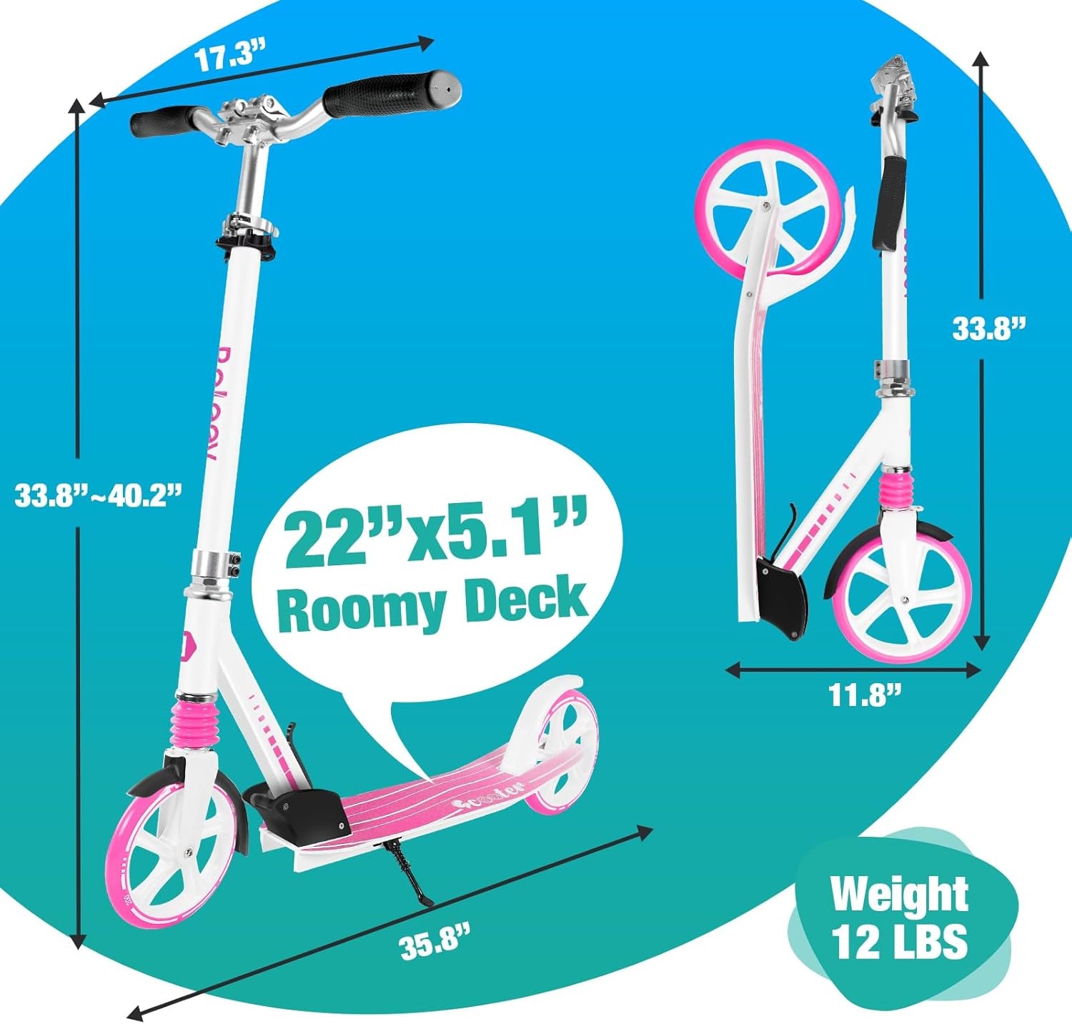 BELEEV V5 Scooters for Kids 6 Years and Up, Folding Kick Scooter 2 Wheel for Adults Teens, 4 Adjustable Handlebar, 200Mm Big Wheels, Lightweight Sports Commuter Scooter, Sturdy Frame, up to 220Lbs