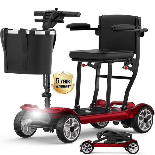 Ultra Lightweight 4 Wheel Mobility Scooter for Seniors (Only 50Lbs), 25+ Miles Travel Dual Battery Mobility Scooters, Aluminum Electric Folding Wheelchair Device, Red