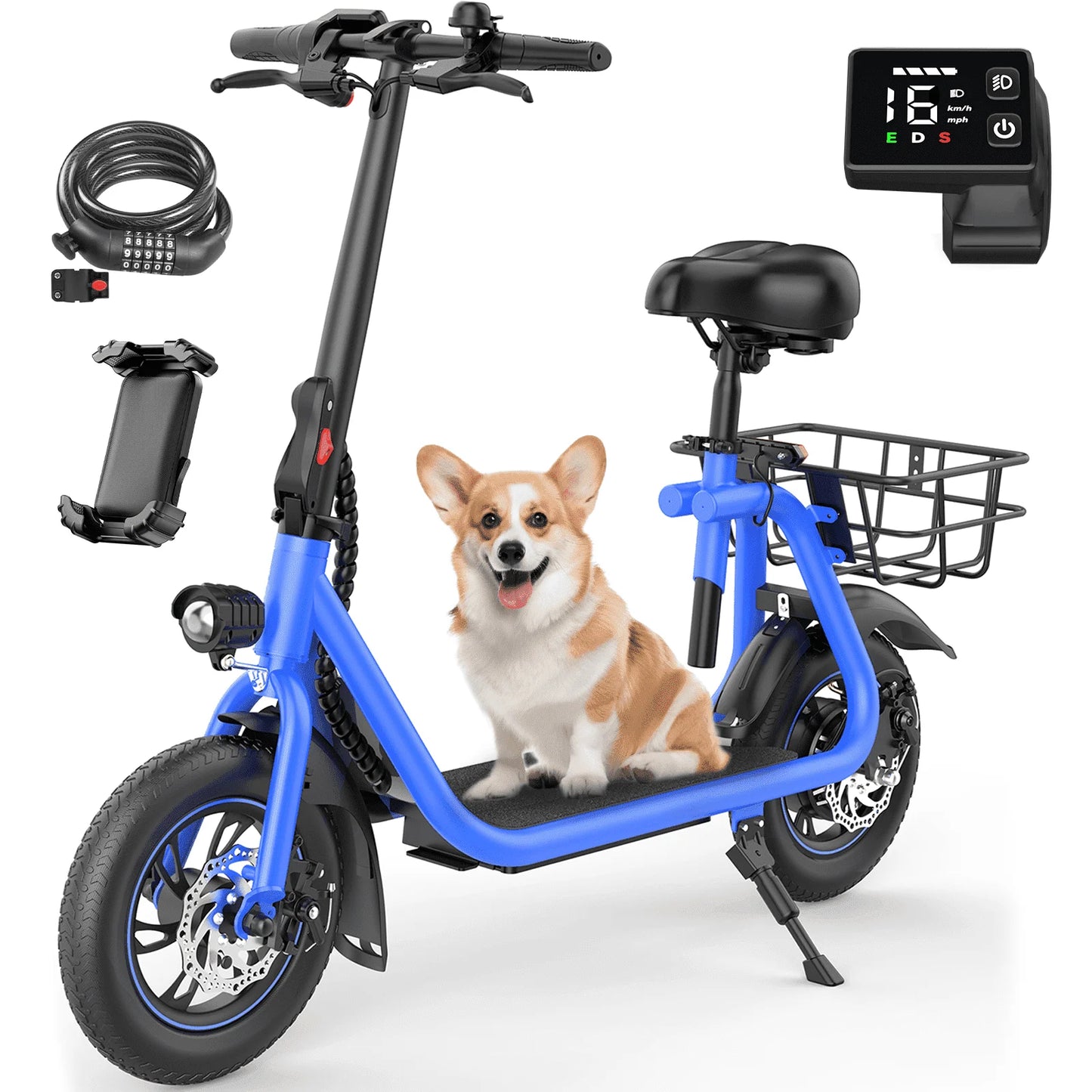 450W Electric Scooter with Seat, Commuter Electric Scooter for Adult with Basket & Free Phone Holder & Steel Cable Lock & Inner Tube- up to 21 Miles 15.5Mph-Blue