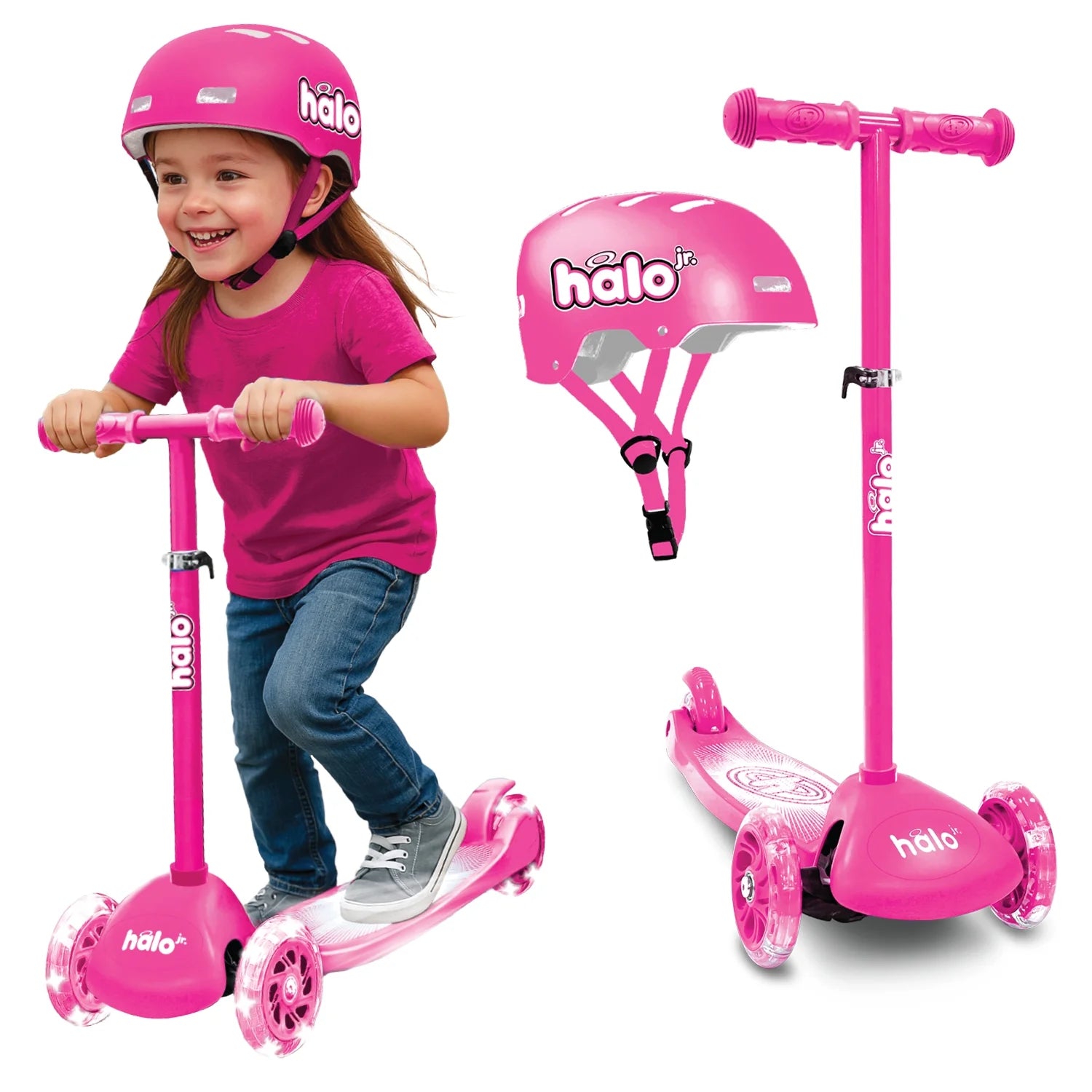Jr 3 Wheel Scooter & Helmet - Pink 3+ - Super-Bright Light up Wheels - Unisex