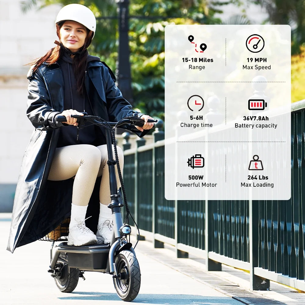 F2 500W Foldable Electric Scooter with Seat for Teen Adults,10 Inch Commuter Escooter with Basket & Wide Pedals - up to 18 Miles 19 Mph