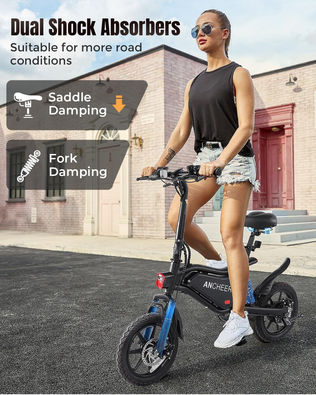 Peak 500W Electric Bike for Adults, Foldable Electric Bikes with 48V 374Wh Battery, 14" Electric Bicycle for Men Women, LCD Digital Display, Cruise Control Ebikes, Dual Suspension Fork UL2849