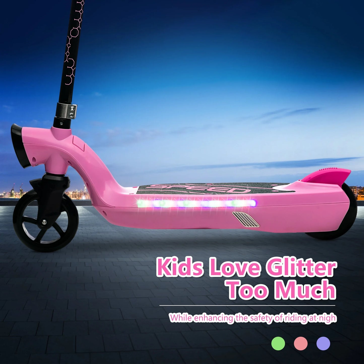 Electric Scooter for Kids, 12V Kids Electric Scooter for Boys Girls 6-14 Year Old, Kids Scooter with Kickstand, Scooter Bell, Colorful LED Lights, Front Big Light, Rear Brake, Pink
