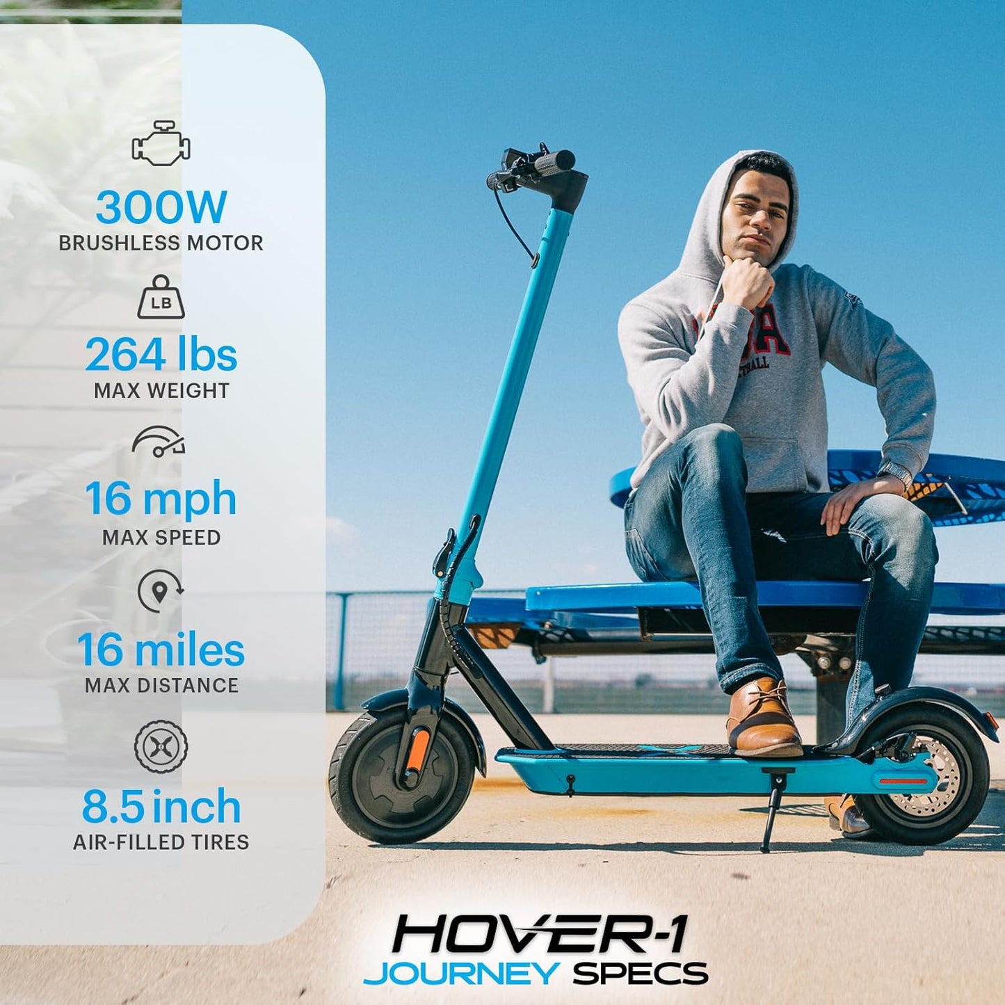 Hover-1 Journey Electric Scooter 14MPH, 16 Mile Range, 5HR Charge, LCD Display, 8.5 Inch High-Grip Tires, 220LB Max Weight, Cert. & Tested - Safe for Kids, Teens, Adults