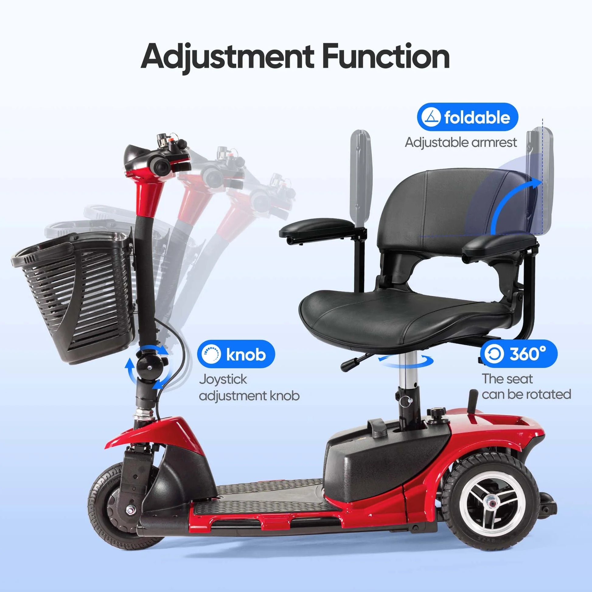 3 Wheel Electric Powered Mobility Scooter, with Lighting Folding Travel Mobile Wheelchair for Seniors, Gift for Elderly, Red