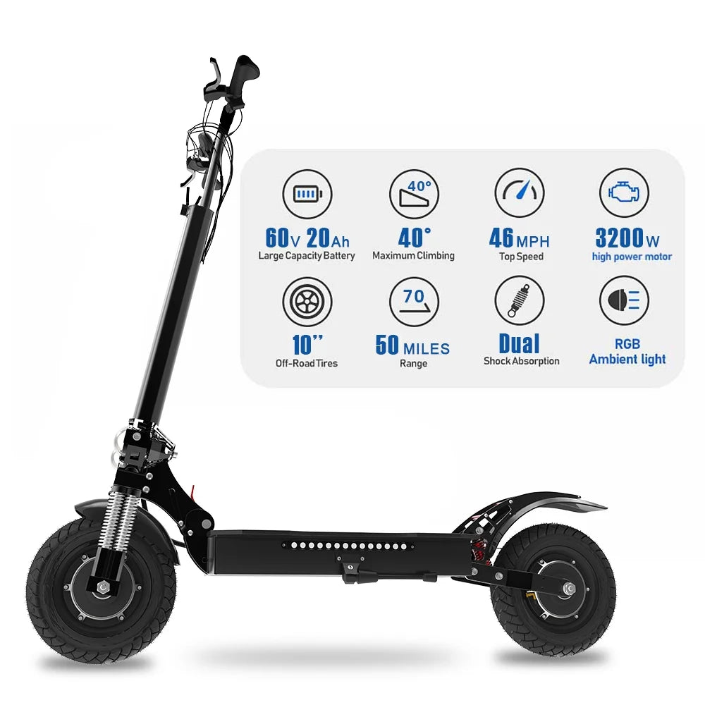 JX760 Electric Scooter, 60V 3200W Dual Motor, up to 46 MPH Speed & 50 Miles, Maximum Load of 330 Pounds Adult Escooter