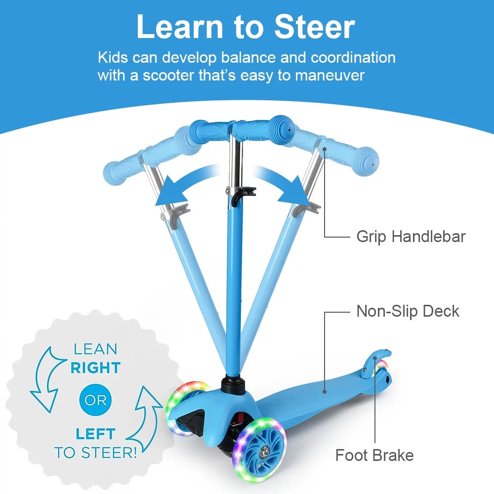 Kids Scooter Kick Scooter 3 Wheel Adjustable Height Light up LED Wheels for Kids Boys Girls Ages 3-12 Blue