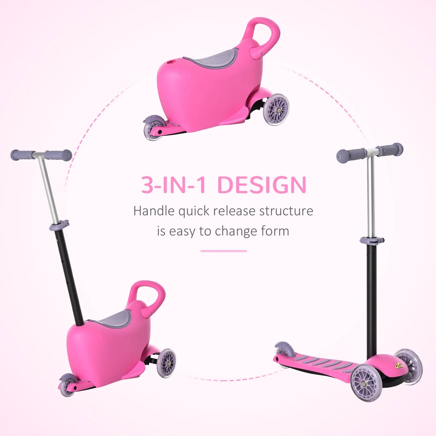 3-In-1 Ride on Push Car, Kids Scooter, Sliding Walker, Push Rider, with Adjustable Handlebar, 3 Balanced Wheels, Removable Storage Seat, for Boys and Girls Aged 2-6 Years Olds, Pink